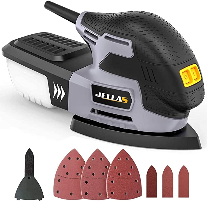 Buy JELLAS Detail Sander, MS220-SD, Compact Electric Sander for Wood, 13,000 RPM Sanders, 2 Amp Hand Sander with 12PCS Standard Sandpapers, Sanding Pads Included 