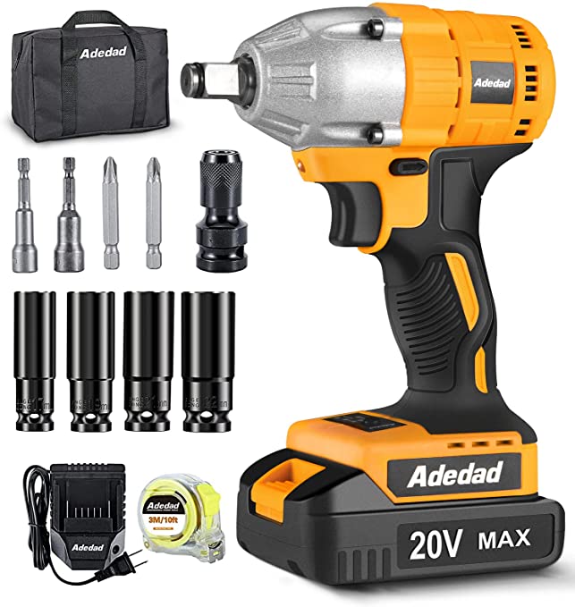 Buy Adedad 20V Cordless Impact Wrench 1/2-Inch, Brushless, 2880 in-lbs High Torque 2900 RPM Impact Gun with Charger & 2.0Ah Li-ion Battery, 9 Pcs Sockets & Drive Set, 2 Variable Speed 