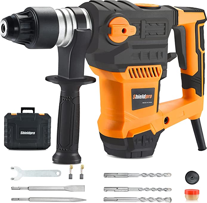 Buy SHIELDPRO 1-1/4 Inch SDS-Plus 13 Amp Rotary Hammer Drill Heavy Duty, Safety Clutch 3 Functions with Vibration Control, Including Grease, Flat Chisels, Point Chisels, and 3 Drill Bits SHIELDPRO 1-1/4 Inch SDS-Plus 13 Amp Rotary Hammer Drill Heavy Duty, Safety Clutch 