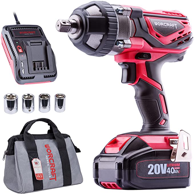 Buy WORCRAFT 20V Cordless Impact Wrench, 1/2 inch, 450ft-lbs, ETL CERTIFIED, includes 4.0Ah battery, fast charger, and toolbag 