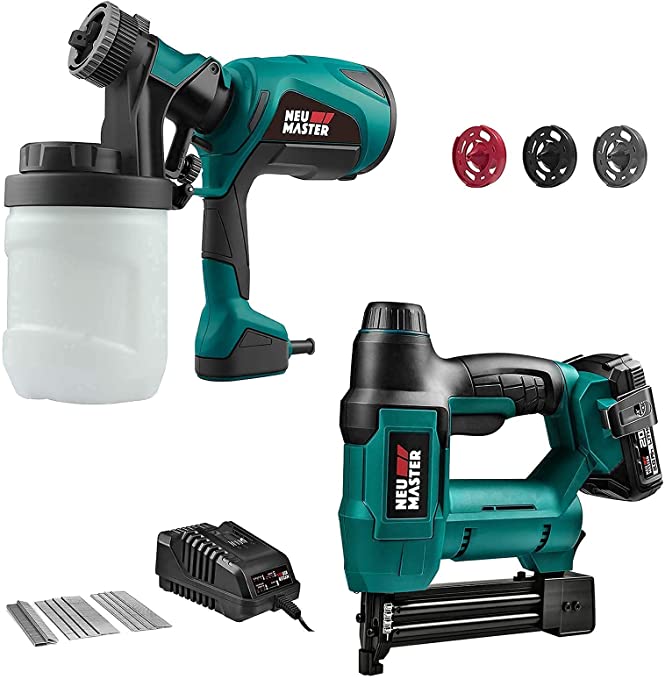 Buy Cordless Brad Nailer (2.0Ah Battery and Charger Included), as well as Paint Sprayer with 3 Spray Patterns, 3 Nozzles, and 1200ml Detachable Canister 