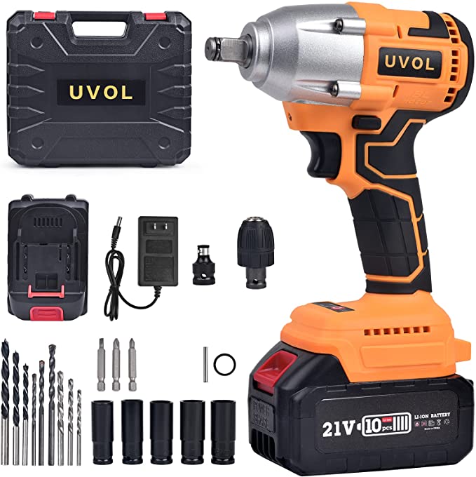 Buy UVOL 21V Cordless Impact Wrench with Toolbox, 1/2 Inch Chuck, Brushless Motor Driver/Drill with Infinite Variable Speed Control, 17pcs Sockets, Driver Bits, and Screw Drivers, Battery, and Charger (XED)  