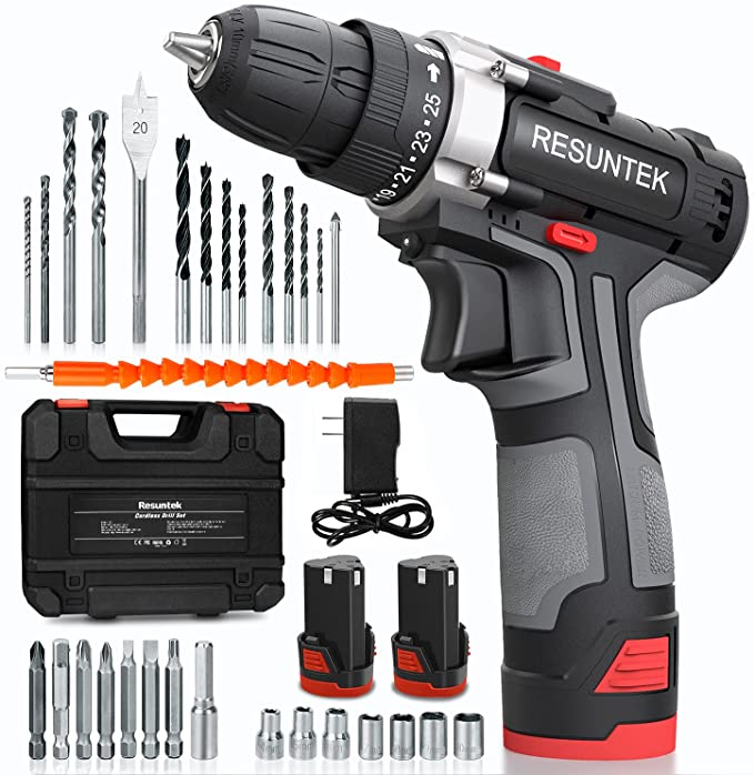 Buy 12.8V Power Drill 28Nm 25+1 Clutch, 3/8 Keyless Chuck, Variable Speed, Built-in Led with 31Pcs Accessories, Cordless Drill Driver Set with 2 Batteries 