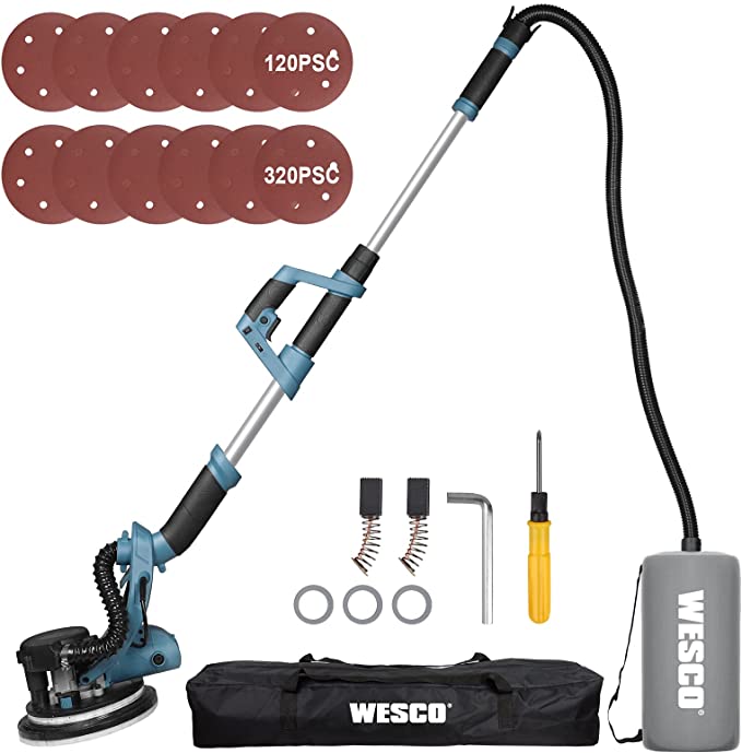 Buy WESCO 750W Electric Wall Sander with Dust Hose, Auto Vacuum System, 6 Variable Speed, Extendable Aluminum Handle, LED Light, Dust Collection Bag, and 12-Piece Sanding Discs/WS4463KU 