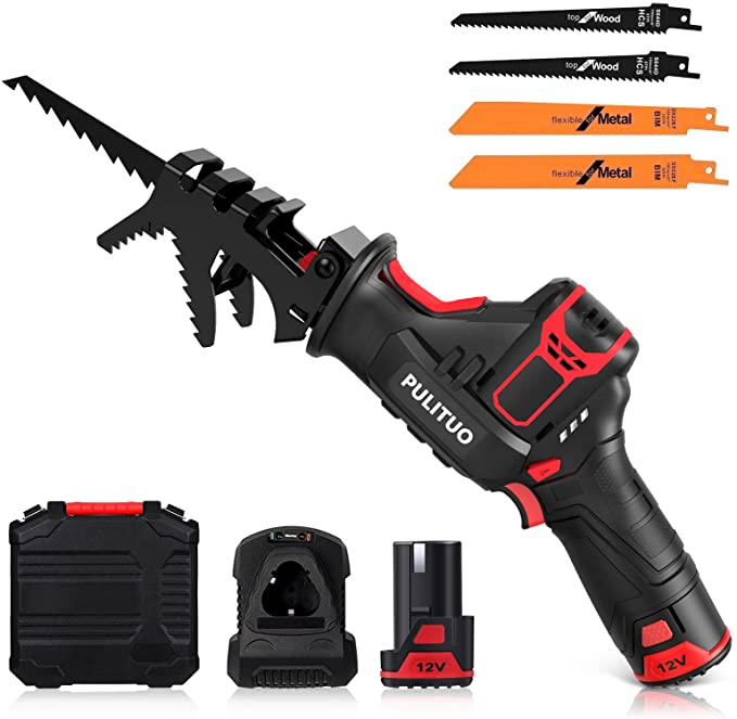 Buy 2 pieces of PULITUO 12V Cordless Reciprocating Saw with Clamping Jaw 1Hour Fast Charger, 2.0Ah Li-Ion Battery, 4 Saw Blades for Wood & Metal Cutting 