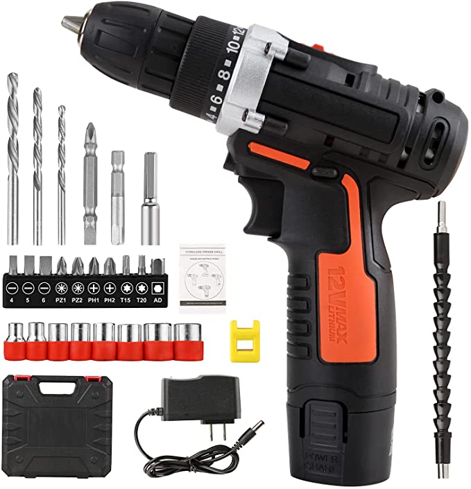 Buy Power Drill Electric Screwdriver 15+1 Clutch Upto 1200RPM with Variable 2-Speed Rechargeable Lithium-ion Battery, Cordless Drill Driver Kit 12V with 26 Accessories & Tool Case, 