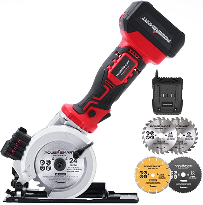 Buy 20V 4-1/2 Inch Mini Circular Saw Cordless, 4500 RPM, Laser & Parallel Guide, 4 Blades for Wood, Soft Metal, and Tile, 4.0Ah Battery and Fast Charger Included PowerSmart Cordless Circular Saw, 20V 4-1/2 Inch Mini Circular Saw Cordless, 4500 RPM, Laser & Parallel Guide, 4 Blades for Wood, Soft Metal, and Tile, 4.0Ah Battery and Fast Charger Included 