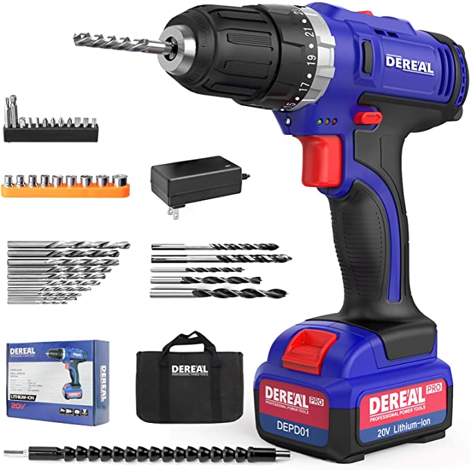 Buy DEREAL Pro Cordless-Drill-Driver-Tools-Set DEREAL Pro Cordless-Drill-Driver-Tools-Set DEREAL Pro Cordless- Electric Screwdriver with Accessories 20V Max Lithium Ion Power Drill Driver Kit Keyless 3/8