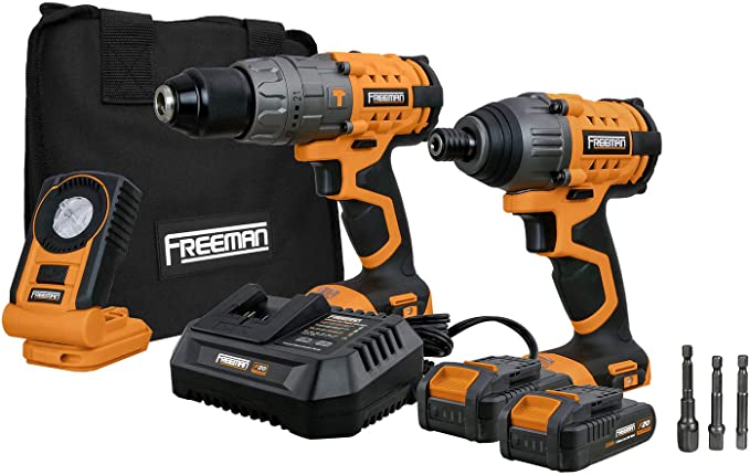 Buy Freeman PECCKT 20 Volt Cordless Hammer Drill, Impact Driver, and LED Light Combo Kit with Rechargeable 2 Ah Lithium-Ion Batteries and Quick Charger 