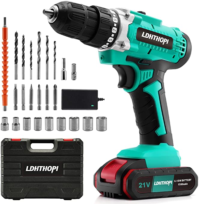 Buy LDHTHOPI Cordless Drill, 21V Power Drill Set with Battery and Charger, 25 Drill Bit Kits, LED Electric Screw Driver with Variable Speed Control, for Drilling Wall, Bricks, Wood, Metal 