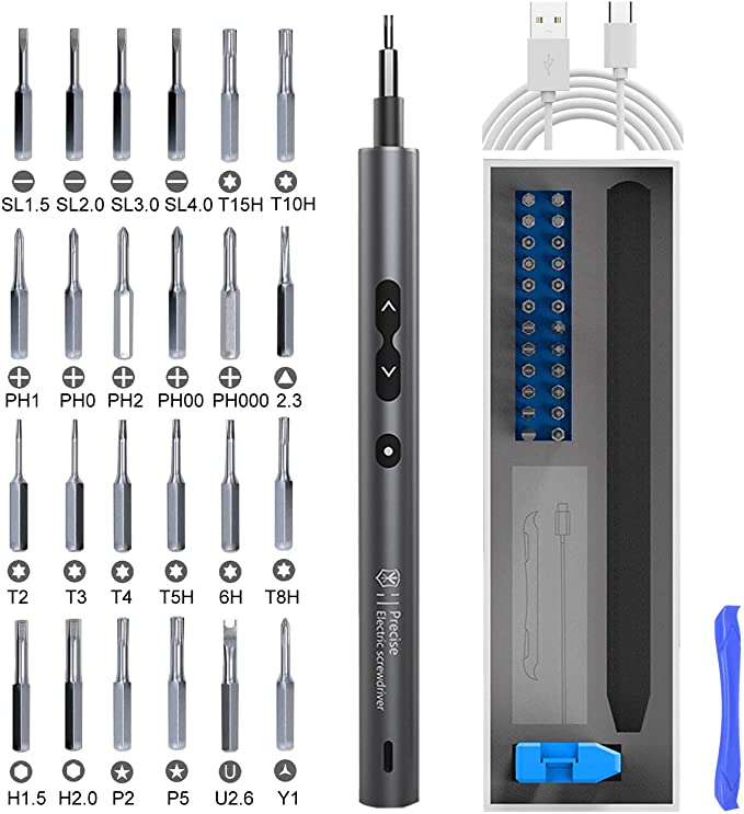 Buy Rechargeable Electronic Repair Kit with 24-Piece Standard Screwdriver Bits, LED Light, Magnetizer for phones, cameras, watches, toys, and computers. 