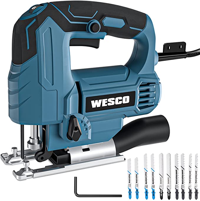 Buy WESCO 4.5 Amp Power Electric Jig Saw, 0-3000 SPM, 6 Variable Speed, 4 Orbital Sets, 45° Bevel Cutting Angle, Adjustable Aluminum Base, 10PCS Blades for Metal PVC Ceramic Wood Cutting/WS3770U 