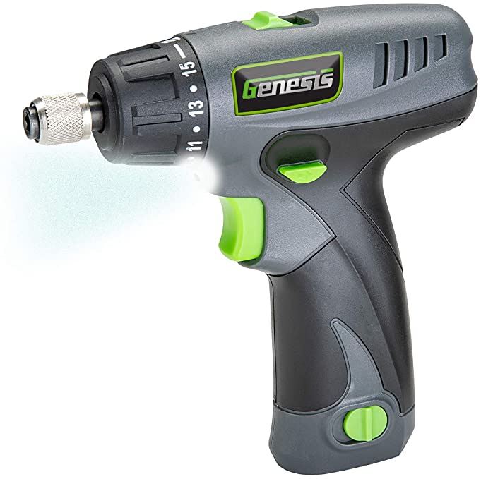 Buy The Genesis GLSD08B 8V Lithium-Ion Battery-Powered Quick-Change 2-Speed Cordless Screwdriver comes with an LED work light, a battery pack, a charging stand, four hex-shank drill bits, and four screwdriver bits. 