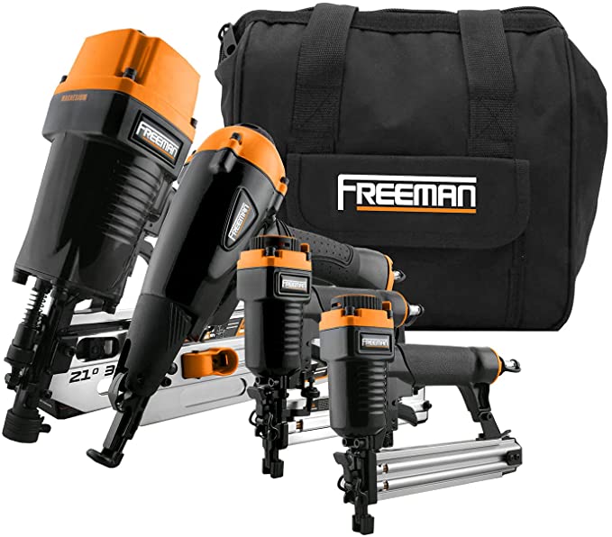 Buy Pneumatic Framing & Finishing Combo Kit with Canvas Bag by Freeman P4FRFNCB (4Piece)  Framing Nailer, Finish Nailer, Brad Nailer, and Narrow Crown Stapler are all included in this nail gun set. 