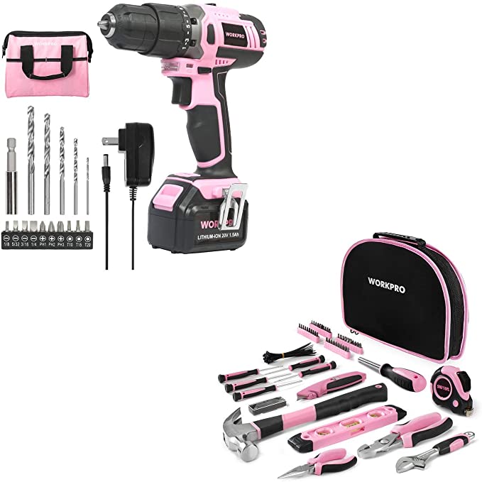 Buy Pink Cordless 20V Lithium-ion Drill Driver Set with Storage Bag and 103-Piece Pink Tool Kit with Easy Carrying Round Pouch from WORKPRO 