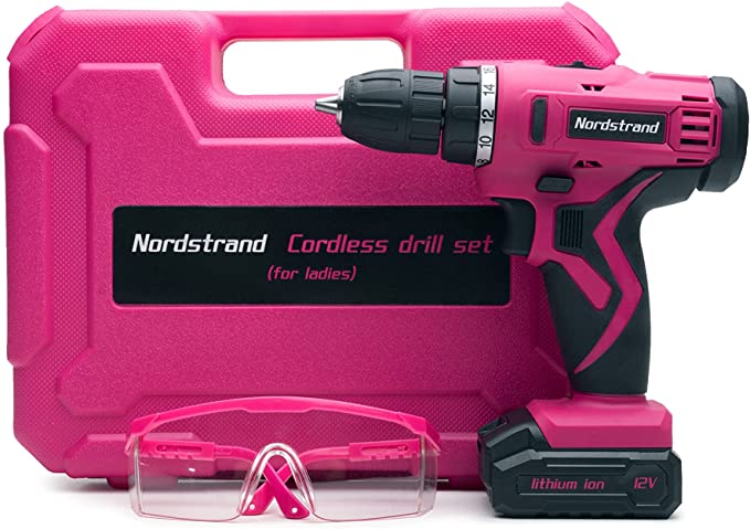 Buy Pink Cordless Drill Set for Women - Electric Screwdriver Power Driver Kit for Women - 12V Rechargeable Li-Ion Battery - Ladies Starter Tool Box with Storage Case, Bits, Drills, and Safety Glasses 