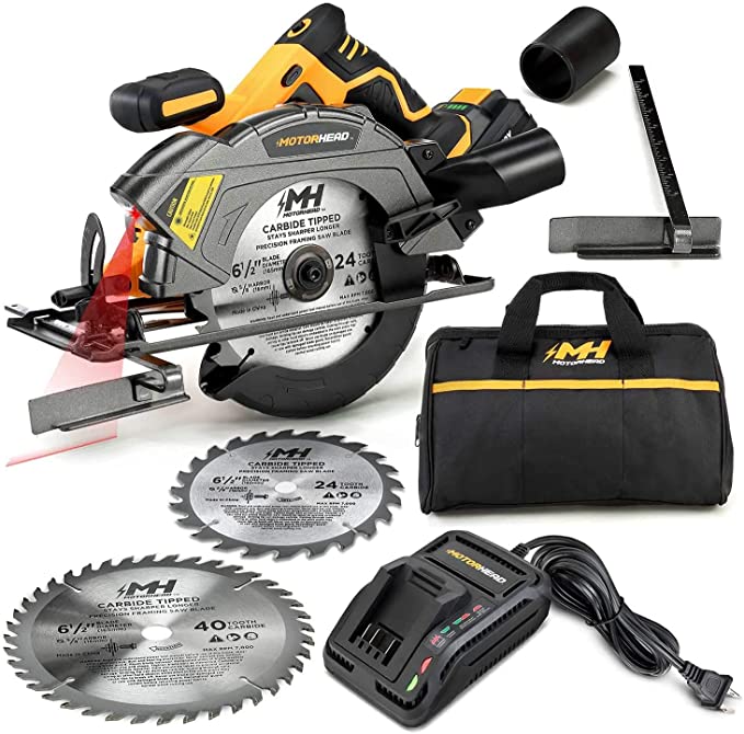 Buy MOTORHEAD 20V ULTRA 6-1/2 inch Cordless Circular Saw, Lithium-Ion, Laser Guide, LED, Rip Fence, 0-50 Bevel, 2Ah Battery & Quick Charger, Bag, 2 Blades Included, 24T, 40T, USA-Based MOTORHEAD 20V ULTRA 6-1/2 inch Cordless Circular Saw, Lithium-Ion, Laser Guide, LED, Rip Fence, 0-50 Bevel, 2Ah Battery & 