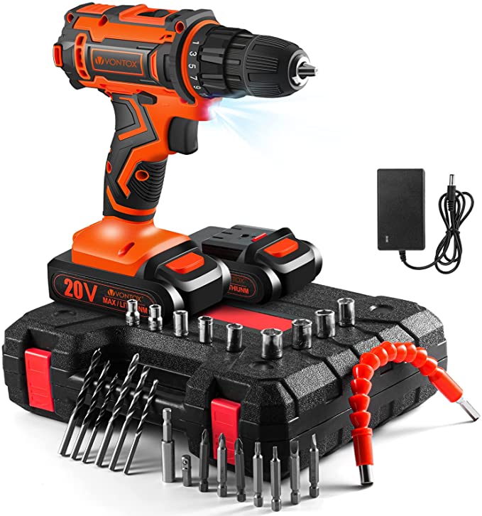 Buy V VONTOX Cordless Drill/20V MAX Power Drill, 370 In-lb, 2x2000mAh Batteries, 1H Fast Charger, 3/8 inch Chuck, 2 Variable Speed, 18+1 Torque Setting, and 24pc Drill Bit Set 