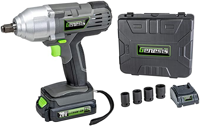 Buy Genesis GLIW20AK 20V Lithium-Ion Impact Wrench Kit with Integrated LED Work Light, Removable/Rechargeable Lithium-Ion Battery, 1-Hour Quick Charger, 4-Piece Socket Set, and Storage Case 