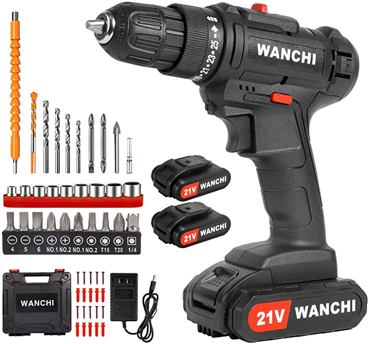 Buy WANCHI 21V Power Drill Cordless, Portable Electric Drill with 3/8 Keyless Chuck, 25+1 Torque Setting, Cordless Drill with 2 Batteries and Charger 