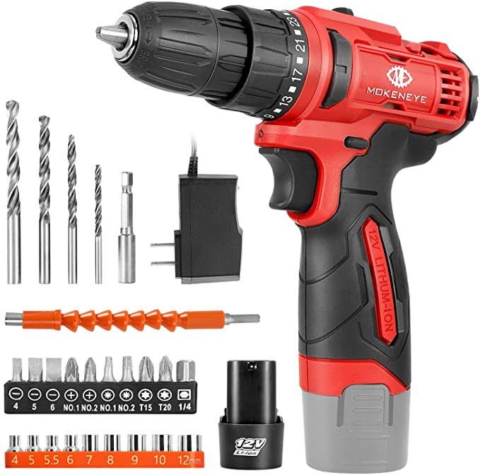 Buy MOKENEYE 12V Cordless Drill Driver with 2.0Ah Li-ion Battery, Max Drill Torque of 300 In-lbs, 25+1 Clutch, 3/8