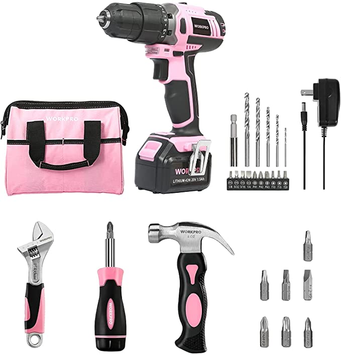 Buy WORKPRO Pink Cordless 20V Lithium-ion Drill Driver Set + 10-Piece Household Tool Set 