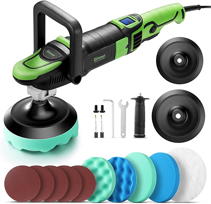 Buy Ginour Rotary Buffer Polisher, 1200W Digital Display, 6 Variable Speed with 180mm/150mm Backing Plate, 4 Polishing Discs, 1 Wool Disc Sandpaper, 5 pcs, for cars, boats, furniture, and wood 