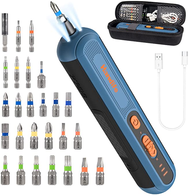 Buy 4V Handife Rechargeable Adjustable Power Screwdriver Kit with 25pcs Screwdriver Bits, 3 Torque Levels, LED Light, and USB Charging Cable 