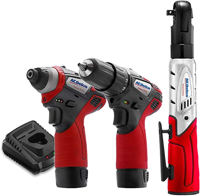 Buy ARW1208-K10 ACDelco G12 Series 3-Tool Cordless Combo 2-Speed Drill/Driver+ Impact Driver+ Ratchet Wrench, 2-Battery 