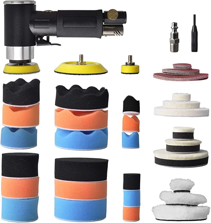 Buy Mini random orbital air sander kit with 48 pieces, high-speed mini air sander polisher, Includes 1-inch, 2-inch, and 3-inch polisher pad kits, as well as polishing sponges and wool pads, sandpapers, and a pneumatic sander kit. 