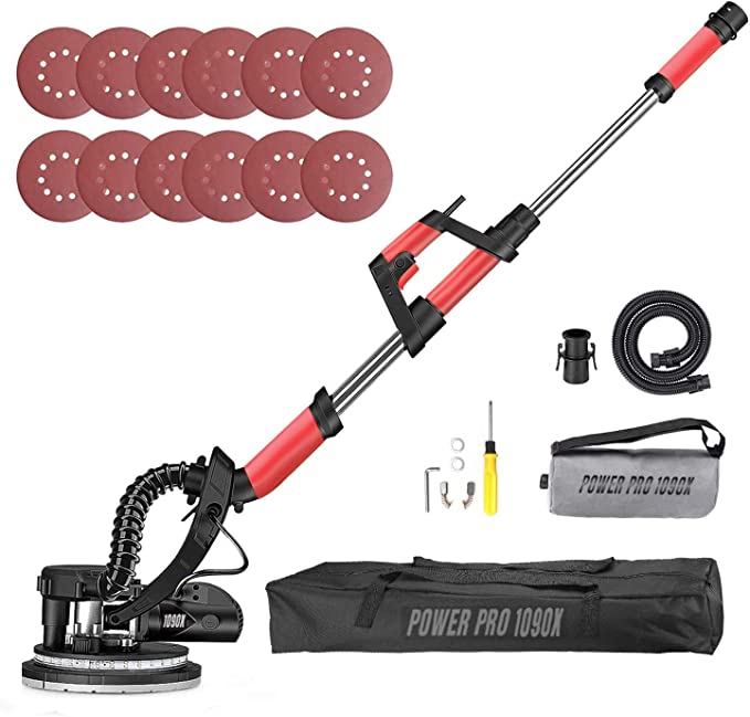 Buy POWER PRO 1090X Drywall Sander, 800W with Turbofan Dust Collection Design, 12 Sanding Discs, Vacuum Adapter, Surround LED Lights, 6 Variable Speed, Extendable Handle, and Carrying Bag 