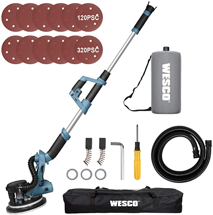 Buy WESCO 6.5-Amp Electric Drywall Sander with Automatic Vacuum System, 6 Variable Speed, Extendable Aluminum Handle, LED Light, Dust Hose, 12-Piece Sanding Discs/WS4463KU Drywall Sander 