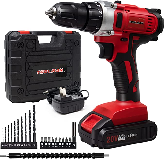 Buy Power Drill Driller Set, Lithium-Ion Power Drill with Keyless Chuck, 18+1 Clutch, and 0-1500 RPM 20 ft-lbs Toolman 3/8