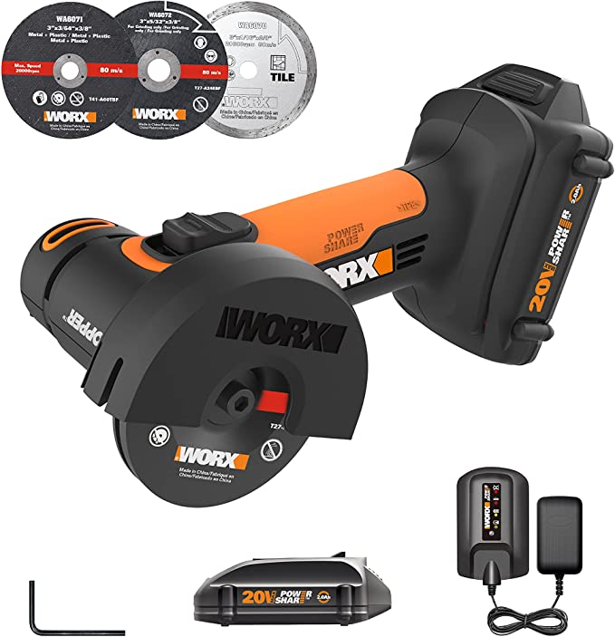 Buy WORX 20V Mini Cutter 3 Inch WX801L.1 Cordless Angle Grinder Tool with 2 Cutting Discs Included are the battery and charger. 