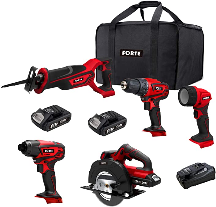 Buy FORTE 20V MAX 5-Tool Kit includes a drill driver, impact driver, reciprocating saw, circular saw, and flashlight, as well as two Li-ion batteries and a quick charger. 