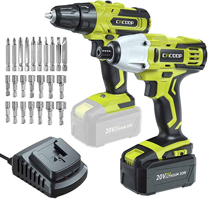 Buy CACOOP 20V Cordless Drill/Impact Driver Combo Kit with 4.0Ah Battery and Fast Charger (3/8 Drill, 1/4 Impact Driver) 