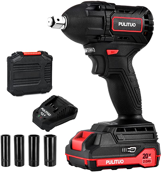 Buy PULITUO 20V Brushless Cordless Impact Wrench with 2.0Ah Li-Ion Battery and Charger, Max Torque 400N.m, 4Pcs Driver Impact Sockets, Impact Wrench 1/2 Inch Chuck 