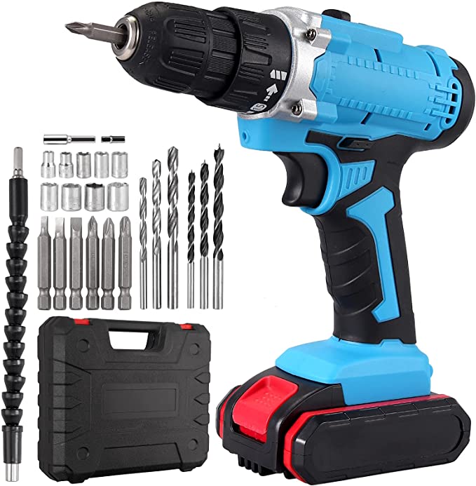 Buy 3/8-Inch Power Drill with Battery and Charger 1450RPM Electric Hand Drills Cordless 18+1 Torque, 24 Drill Tools AUTOUTLET 21V Cordless Drill Driver Set Drilling Wood and Metal with Built-In LED 