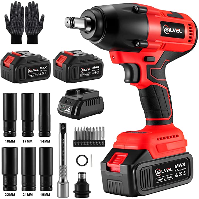 Buy SILVEL Cordless Impact Wrench 1/2-Inch, 20V MAX Torque 420 Ft-lbs Brushless Impact Wrench Set, 2Pcs 4.0Ah Li-ion Battery, 6 Sockets, Fast Charger, Electric Power Impact Wrench for Car 