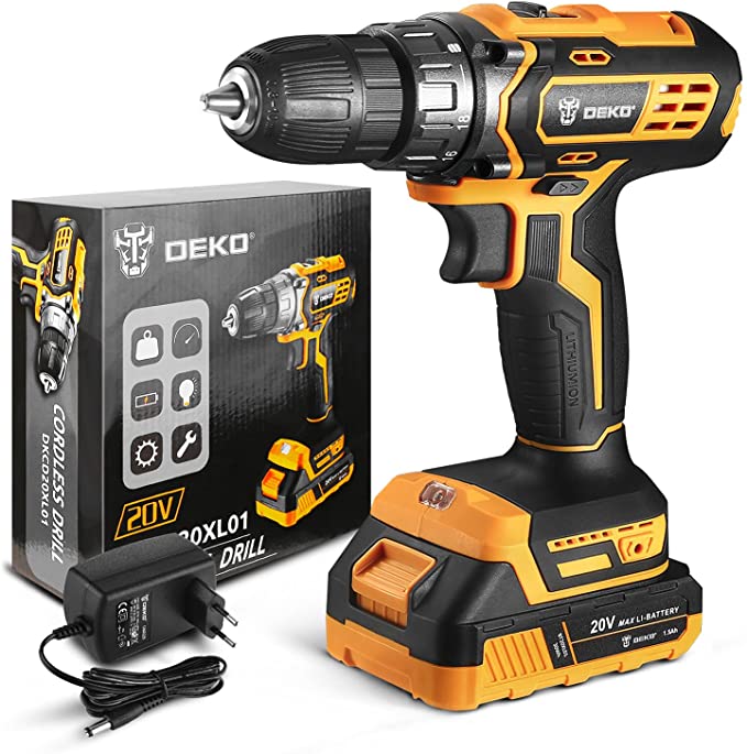 Buy DEKO 20V MAX Lithium Ion Cordless Drill Set with 3/8 Inch Keyless Chuck, 2-Variable Speed, 18+1 Clutch Electric Drill with Work Light 