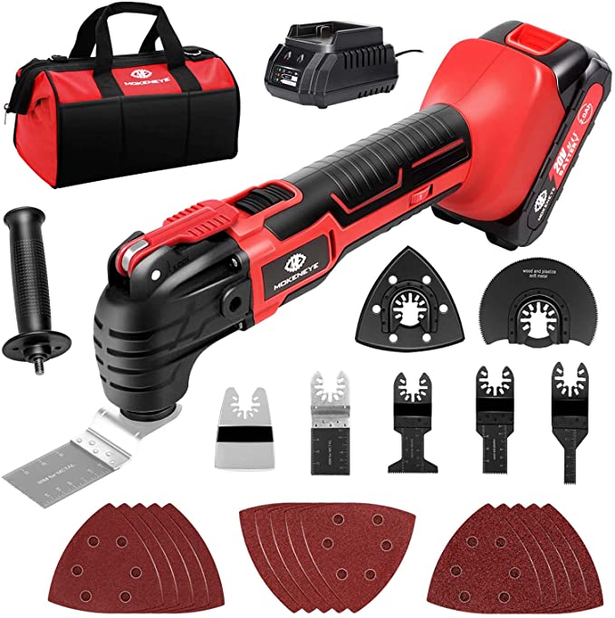 Buy MOKENEYE 20V Cordless Oscillating Multi Tool 2.0Ah Li-ion Battery Power Tool Set, 6 Variable Speed, 4° Oscillating Angle, Quick-Change Blades, 24 Piece Accessories for Cutting, Sawing, Sanding, and Grinding 