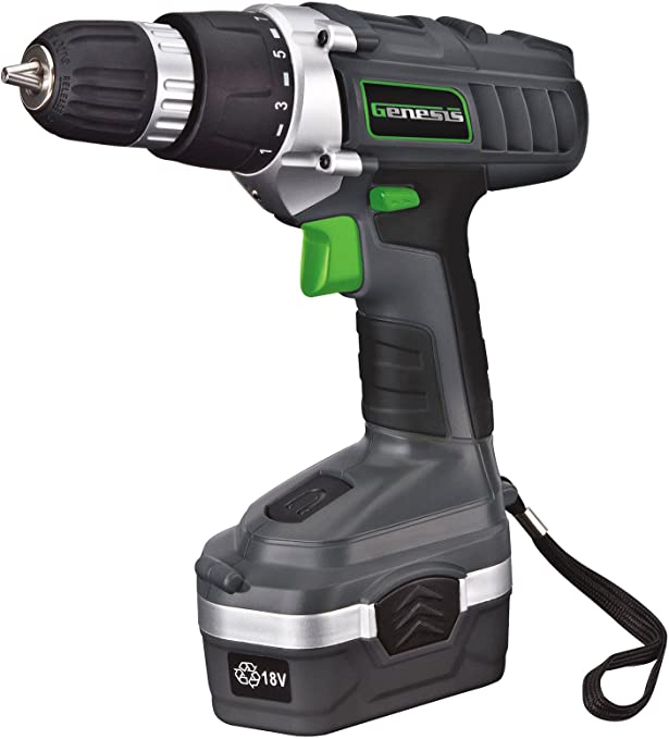 Buy Genesis GCD18BK 18 Volt Cordless Variable Speed Drill/Driver Kit in Grey with 3/8-inch Chuck, Hard Shell Carrying Case, 13 Bit Assortment, and Ni-Cad Battery Charger 