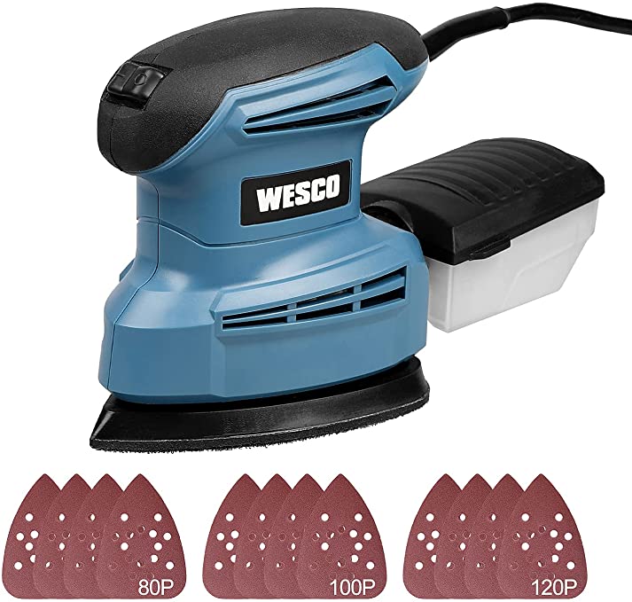 Buy WESCO Compact 1.3A Detail Sander, 12 Pcs Sandpapers, 14,000 RPM, Efficient Dust Collection System, for Detail Sanding in Home Decoration 