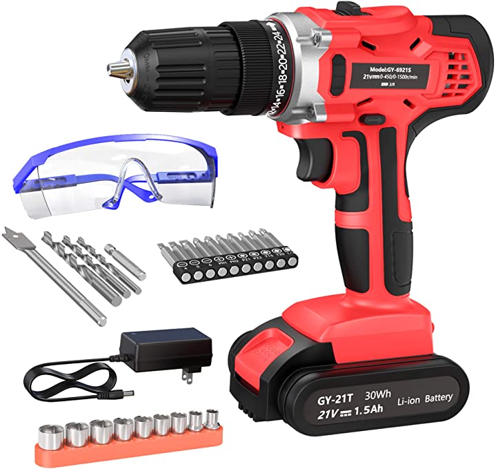 Buy Cordless Drill with Battery and Fast Charger, 3/8-Inch Keyless Chuck with 2 Variable Speeds, and 25 Drill/Driver Bits by GardenJoy 