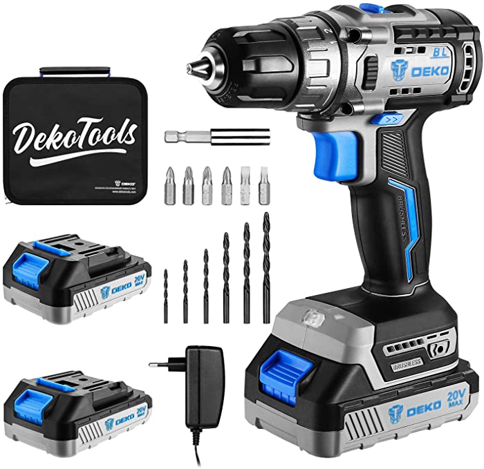 Buy DEKO 20V Brushless Drill Driver Kit, 2 Batteries, 42 N.M, 3/8-Inch, 2-Variable Speed, Fast Charger, 13pcs Bits Accessories with Storage Bag Cordless drill set, DEKO 20V Brushless Drill Driver Kit, 2 Batteries, 42 N.M, 3/8-Inch, 2-Variable Speed, Fast Charger, 13pcs Bits Accessories with Storage Bag 