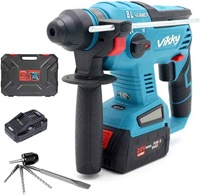 Buy Vikky 20V SDS Plus rotary hammer drill, cordless demolition hammer kit with 4.2Ah battery and charger, 4 functions, suitable for drill bits, point/flat/U-shaped chisels 