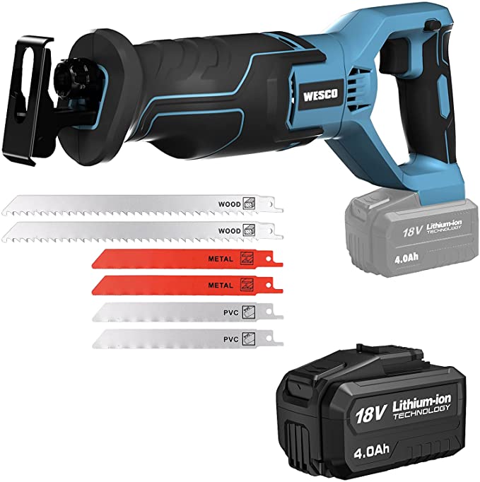 Buy WESCO 20V Cordless Reciprocating Saw with 1 x 4.0Ah Battery, 6 Saw Blades, 3000SPM Variable Speed, 3/4