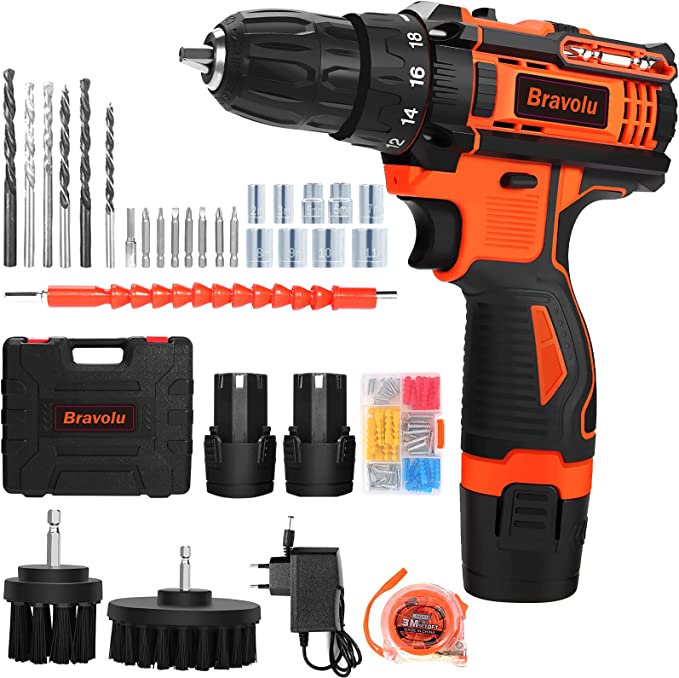 Buy Bravolu Electric Drill Set 12.6V Max 28 Nm Cordless Drill with 2 Batteries (250 in-lb)  Compact Drill Driver with Torque, 18+3 Clutch, 3/8