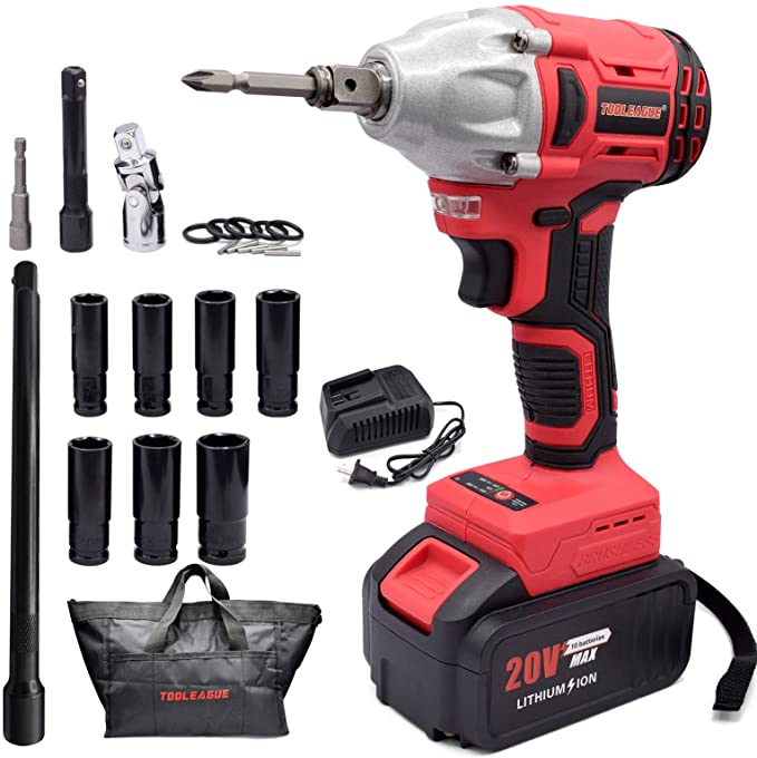 Buy TOOLEAGUE 1/2 Inch Impact Wrench Set Brushless 20V Cordless Impact Wrench 7-piece driver impact socket set, two extension bars, a fast charger, and a tools bag are included with the 4.0Ah Li-ion battery. 