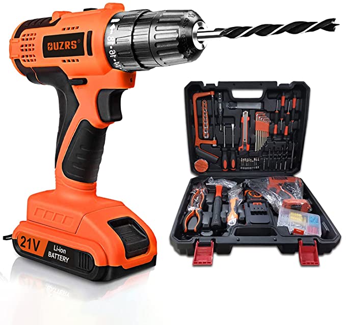 Buy OUZRS Power Tool Set with 21V Cordless Drill, Hacksaw, Pliers, Claw-Hammer, Wrench, Box Cutter, Screwdrivers, Driver Bits, and Tape Measure, Home Wireless Repair Kit Tools 